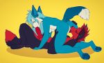  2019 4_toes 5_fingers 69_position anthro anthro_on_anthro black_body black_fur blue_body blue_fur canid canine cunnilingus digital_media_(artwork) female female_penetrated fingers fox fur hair lying male male/female male_penetrating male_penetrating_female mammal on_back oral oral_penetration penetration penis red_body red_fur red_hair senimasan sex simple_background toes vaginal yellow_background 