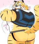 2019 anthro belly blush butt clothing eyes_closed felid hyaku_(artist) japanese_text jockstrap male mammal pantherine shirt solo text tiger topwear underwear 