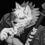  2025 anthro beard canid canine canis claws facial_hair fur hi_res humanoid_hands inner_ear_fluff law_(sdorica) male mammal muscular muscular_anthro muscular_male oishiiannpan orange_eyes sdorica solo tuft weapon wolf 
