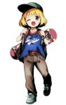  1girl backpack bag baseball_cap belt blonde_hair blue_shirt bracelet brown_eyes character_name child contemporary dr._stone ear_piercing full_body green_footwear hat highres jersey jewelry pants piercing shirt shoes short_sleeves skateboard solo suika_(dr.stone) tom_(drpow) watch wristwatch 