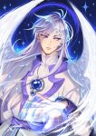  1boy absurdres angel_wings blue_background blue_eyes blue_halo cardcaptor_sakura closed_mouth commentary ear_piercing english_commentary ferlanoppa frown halo highres lips making-of_available male_focus piercing solo white_hair white_wings wings yue_(cardcaptor_sakura) 
