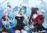  3girls absurdres aqua_hair aquarium ayul_(ayulneri_92) black_gloves black_hair black_jacket black_skirt black_unitard breasts closed_mouth clothing_cutout commentary_request covered_navel drinking esper_zero_(neverness_to_everness) fingerless_gloves gloves grey_eyes grey_hair highres holding holding_phone indoors jacket jelly_drink lacrimosa_(neverness_to_everness) large_breasts long_hair multicolored_hair multiple_girls necktie neverness_to_everness off_shoulder one_eye_closed open_mouth phone pink_eyes purple_necktie red_jacket shirt shirt_tucked_in shoulder_cutout single_bare_shoulder skirt smile streaked_hair white_shirt 