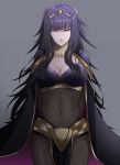  1girl 6tea absurdres arms_behind_back bangs black_hair bodystocking breasts cape cleavage covered_navel cowboy_shot eyebrows_visible_through_hair fire_emblem fire_emblem_awakening grey_background highres jewelry large_breasts lips long_hair looking_at_viewer narrowed_eyes parted_lips pelvic_curtain purple_eyes shiny shiny_hair signature simple_background skin_tight smile solo tharja tiara 