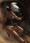  1girl alternate_costume bare_shoulders blurry blurry_background brown_eyes chain closed_mouth corset dirty dirty_clothes dirty_face fighting_stance folded_ponytail gloves highres holding holding_sword holding_weapon league_of_legends leather_footwear lips profile raikoart revision riven_(league_of_legends) short_hair shoulder_armor signature solo sword watermark weapon white_hair 