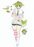  alo_(swaberypeachiii) androgynous antennae asymmetrical_legwear caterpillar chibi chibi_inset collared_shirt colored_skin green_hair green_skin hair_ornament hairclip highres hood hoodie houndeater mismatched_legwear mismatched_socks necktie original shirt shorts single_thighhigh socks tail thighhighs white_shirt 