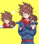  1boy :d animification antenna_hair blue_coat brown_eyes brown_hair burn_scar character_doll coat commentary crossed_arms doll drawstring edd_(eddsworld) eddsworld flipped_hair hair_ears heart heart-shaped_pupils heterochromia highres hood hood_down hoodie long_sleeves looking_at_viewer male_focus military_coat military_uniform multiple_views plain_epaulettes red_hoodie red_leader_(eddsworld) scar short_hair simple_background sketch smile solo_focus sparkle symbol-shaped_pupils tord_(eddsworld) untranslatable_commentary upper_body white_eyes yellow_background yunian77 