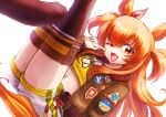  1girl animal_ears belt black_thighhighs bomber_jacket bow breasts brown_ribbon commentary_request crop_top dog_tags ear_bow ear_ribbon green_belt green_jacket highres horse_ears horse_girl horse_tail jacket long_hair long_sleeves looking_at_viewer mayano_top_gun_(scramble_zone)_(umamusume) mayano_top_gun_(umamusume) midriff navel one_eye_closed open_clothes open_jacket open_mouth orange_hair orange_tail ribbon shirt shorts simple_background small_breasts smile solo tail thighhighs thighs two_side_up umamusume white_background white_shorts yellow_shirt yukinyan-do 