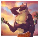 6_arms anthro beverage border bottomwear clothed clothing crossed_arms disposable_cup dragon hair hi_res holding_cup holding_object horn kumo-kun long_hair male multi_arm multi_limb navel outside_border phone shorts solo straw thefoxcastle topless white_border 