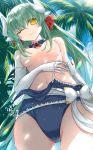  1girl aqua_hair blue_sky blue_swimsuit breasts day detached_collar dragon_girl dragon_horns elbow_gloves eyebrows_visible_through_hair fate/grand_order fate_(series) flower gloves hair_censor hair_flower hair_ornament horns kiyohime_(fate/grand_order) kiyohime_(swimsuit_lancer)_(fate) long_hair medium_breasts morizono_shiki multiple_horns navel one-piece_swimsuit one_eye_closed outdoors palm_tree red_flower sky smile solo swimsuit swimsuit_pull tree undressing white_gloves yellow_eyes 