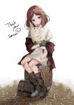  1girl absurdres bag barrel blue_eyes boots brick_road brown_hair commission fennec_fox fingerless_gloves gloves highres original pet satchel shawl skeb_commission smile tunic wei_yong 