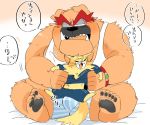  2019 anthro black_nose blush bulge canid canine canis clothing domestic_cat domestic_dog dribble_(warioware) duo eyes_closed felid feline felis hyaku_(artist) japanese_text male mammal sitting spitz_(warioware) text underwear warioware 