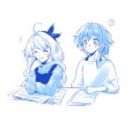  2girls ? ahoge braid closed_eyes closed_mouth commentary_request fu_hua highres holding holding_marker honkai_(series) honkai_impact_3rd kiana_kaslana laughing long_hair marker mon_momu multiple_girls simple_background spoken_question_mark twin_braids white_background 