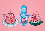  artist_name bottle cherry food fruit gelatin kirby kirby_(series) meyoco open_mouth pink_background plate ramune simple_background sparkle spoon watermelon 
