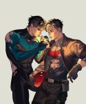  batman_(series) batman_symbol belt black_bodysuit black_gloves black_hair blue_eyes bodysuit brown_jacket commentary dc_comics dick_grayson english_commentary gloves grey_bodysuit highres holding jacket jason_todd male_focus mask multicolored_bodysuit multiple_boys muscular muscular_male nightwing open_clothes pants red_hood_(dc) red_hood_and_the_outlaws red_mask short_hair superhero_costume sydney_lee_00 taut_bodysuit two-tone_bodysuit utility_belt western_comics_(style) 