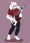  2019 anthro bottomwear bovid caprine clothed clothing dev_(scrangus) digital_media_(artwork) electric_guitar eyewear fur furryratchet glasses goat guitar hi_res holding_musical_instrument holding_object hoodie jeans looking_at_viewer male mammal musical_instrument open_mouth pants playing_guitar playing_music shirt simple_background smile solo standing topwear white_body white_fur 