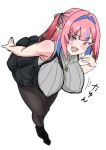  1girl bare_arms bare_shoulders black_pantyhose black_ribbon black_shoes black_skirt blue_hair blush bouncing_breasts breasts closed_mouth colored_inner_hair commentary_request covered_nipples demon_girl fang grey_sweater hair_horns hair_intakes hair_ribbon heart heart_necklace highres horns huge_breasts jewelry kanan-sama_wa_akumade_choroi kanan_(kanan-sama) kotarou112536 leaning_forward medium_hair multicolored_hair necklace open_mouth pantyhose pink_eyes pink_hair pointy_ears red_horns ribbed_sweater ribbon shoes simple_background skin_fang skirt sleeveless sleeveless_sweater solo streaked_hair striped_ribbon sweater thighs translation_request two-tone_hair white_background 