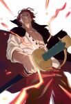  1boy abs beard cape commentary facial_hair from_below haki_(one_piece) highres holding holding_sword holding_weapon incoming_attack looking_ahead male_focus neoneo one_piece red_eyes red_hair red_shirt scar scar_on_face shanks_(one_piece) shirt solo sword weapon white_shirt 