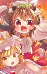  2girls animal_ear_fluff animal_ears autumn_leaves blonde_hair blurry blurry_foreground bow bowtie brown_hair carrying cat_ears cat_tail chen commentary_request day depth_of_field eyebrows_visible_through_hair falling_leaves fang from_above green_headwear hand_on_another&#039;s_hip hand_on_another&#039;s_leg hat hat_with_ears highres holding_person ibaraki_natou jewelry leaf long_sleeves looking_at_viewer lower_teeth maple_leaf mob_cap multiple_girls multiple_tails ofuda open_mouth outdoors outstretched_hand petticoat pillow_hat red_eyes red_skirt red_vest shirt short_hair shoulder_carry signature single_earring skirt slit_pupils tail touhou upper_body upper_teeth vest white_neckwear white_shirt yakumo_ran yellow_eyes 