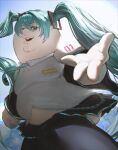  1boy aqua_eyes aqua_hair aqua_necktie arm_tattoo black_skirt black_sleeves cleft_chin cosplay crossdressing crossdressing_(mtf) detached_sleeves family_guy fat fat_man hatsune_miku hatsune_miku_(cosplay) highres kowai_(iamkowai) long_hair looking_at_viewer male_focus necktie number_tattoo open_mouth outstretched_arm peter_griffin shirt skirt solo tattoo very_long_hair vocaloid white_shirt 
