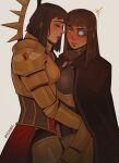  2girls armor artificial_eye black_cape blush brown_hair cape elzunix fleur-de-lis highres hug inquisition_(warhammer) inquisitor_katarinya_greyfax iron_halo living_saint multiple_girls ornate_armor power_armor saint_celestine simple_background warhammer_40k yuri 