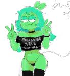  adult_fink akunim bodily_fluids cartoon_network choker clothing crop_top fink_(ok_k.o.!_lbh) fur gesture green_body green_fur green_hair hair half-closed_eyes jewelry legwear mammal murid murine necklace ok_k.o.!_let&#039;s_be_heroes rat rodent shirt stockings sweat thong topwear underwear v_sign 