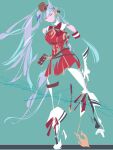  1girl anchor animal_ears bare_shoulders belt blending boots echoo elbow_gloves floating_hair gloves gold_ship_(umamusume) green_background hair_ornament hairband hat highres horse_ears horse_girl long_hair looking_at_viewer pants red_eyes simple_background solo standing umamusume very_long_hair vest white_hair 