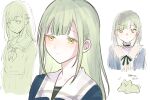 1girl bang_dream! bang_dream!_it's_mygo!!!!! black_choker choker closed_mouth green_hair long_hair multiple_views school_uniform simple_background tpt3p translation_request tsukinomori_school_uniform wakaba_mutsumi white_background yellow_eyes 