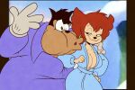  anthro bathrobe big_breasts breasts cleavage clothed clothing corythec digital_drawing_(artwork) digital_media_(artwork) disney domestic_cat duo ear_piercing elbowing felid feline felis female gloves goof_troop hair handwear hi_res male mammal mature_anthro mature_female mature_male peg_pete pete_(disney) piercing red_hair robe screencap_redraw skimpy tagme 