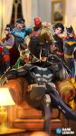  1girl 5boys barbara_gordon batgirl batman batman_(series) batman_symbol belt black_bodysuit black_cape black_gloves black_hair blue_bodysuit bodysuit brothers brown_jacket bruce_wayne cape cassandra_cain closed_mouth commentary cowl damian_wayne dc:_dark_legion dc_comics dick_grayson domino_mask english_commentary eye_mask family gloves grey_bodysuit highres jacket jason_todd large_pectorals mask multicolored_bodysuit multiple_boys muscular muscular_male nightwing official_art open_clothes pants pectorals red_hood_(dc) red_mask robin_(dc) short_hair siblings smile superhero_costume taut_bodysuit tim_drake two-tone_bodysuit utility_belt yellow_cape 