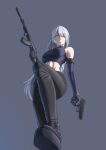  1girl absurdres ak-15 ak-15_(girls'_frontline) artificial_eye assault_rifle bare_shoulders black_gloves black_pants black_shirt black_shoes blunt_bangs braid breasts closed_mouth commentary crop_top elbow_gloves english_commentary girls'_frontline girls'_frontline_2:_exilium gloves grey_background grey_hair gun hair_between_eyes hair_over_one_eye handgun highres holding holding_gun holding_weapon jazasuuu kalashnikov_rifle long_hair looking_at_viewer medium_breasts midriff pants purple_eyes red_pupils rifle shirt shoes sidelocks simple_background sleeveless sleeveless_shirt solo standing standing_on_one_leg toned toned_female trigger_discipline voymastina_(girls'_frontline_2) weapon 