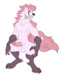  2019 anthro balls black_nose canid canine canis claws digital_media_(artwork) erection fur hair humanoid_penis igiveyoulemons male mammal muscular nipples pawpads paws penis pink_hair smile solo teeth white_body white_fur wolf 