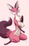  big_breasts breasts canid canine dipstick_tail erect_nipples eyelashes eyeshadow female fox gloves_(marking) hi_res kneeling leg_markings makeup mammal markings melonleaf multicolored_tail neck_tuft nipples nude semi-anthro simple_background socks_(marking) tuft 