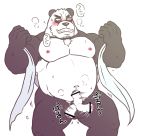  2019 anthro balls bashira_o belly blush giant_panda hi_res humanoid_hands humanoid_penis japanese_text male mammal meatspin moobs navel nipples overweight overweight_male penis simple_background solo text ursid white_background 