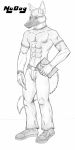  2002 anthro blair canid canine canis clothed clothing domestic_dog german_shepherd greyscale herding_dog male mammal monochrome nudog pastoral_dog plantigrade sketch 
