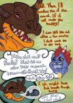  ! 2019 allomon ambiguous_gender blue_body blue_scales comic dialogue digimon digimon_(species) digital_drawing_(artwork) digital_media_(artwork) dinosaur duo_focus english_text feathers feral fish front_view group hair looking_at_another marine orange_body orange_scales red_hair reptile scales scalie signature speech_bubble text three-quarter_view toony vorekingdom watermark x_eyes 