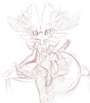  2018 anthro braixen chest_tuft covering female fluffy fluffy_tail front_view fur hi_res inner_ear_fluff looking_at_viewer monochrome nintendo nyaswitchnya pok&eacute;mon pok&eacute;mon_(species) simple_background sitting sketch solo stick tuft video_games white_background 