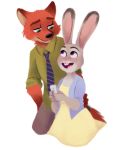  anthro black_nose bottomwear buckteeth canid canine cellphone clothed clothing dipstick_ears disney dress duo fox fully_clothed fur gloves_(marking) green_eyes hi_res holding_cellphone holding_object holding_phone judy_hopps lagomorph leporid looking_at_another mammal markings mella multicolored_ears necktie nick_wilde open_mouth open_smile orange_body orange_fur pants phone purple_eyes rabbit red_fox shirt simple_background smile teeth tongue topwear white_background zootopia 