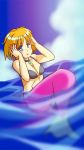  2016 5_fingers 9:16 black_bra blonde_hair blue_eyes breasts butt cleavage clothed clothing cloud colored_nails female fingers hair hi_res jewelry marine merfolk nails necklace partially_submerged pink_tail red_nails short_hair smile solo water 村崎火星 