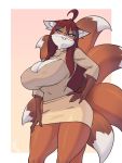  anthro big_breasts bottomwear breasts canid canine cleavage cleavage_cutout clothed clothing eyewear female fox glasses hand_on_hip hi_res huge_breasts mammal miniskirt multi_tail skecchiart skirt thick_thighs 