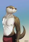  2019 absurd_res athletic bottomwear brown_body brown_fur bulge clothing fur hi_res lutrine mammal mustelid otterboxed painting pants placid simple_background simple_shading white_body white_fur 