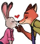  &lt;3 anthro blush canid canine clothed clothing dipstick_ears disney duo eyes_closed fox fur grey_body grey_fur judy_hopps lagomorph leporid low_res mammal mella multicolored_ears necktie nick_wilde orange_body orange_fur rabbit red_fox shirt side_view smile topwear zootopia 