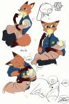  ahiru621 anthro brown_body brown_fur canid canine carrying clothed clothing comic dialogue dipstick_ears dipstick_tail disney duo eating edit english_text fluffy fluffy_tail fox fully_clothed fur green_eyes grey_body grey_fur hard_translated judy_hopps lagomorph leporid mammal mask multicolored_ears multicolored_tail nick_wilde orange_body orange_fur police_uniform rabbit red_fox simple_background sitting speech_bubble text translated uniform white_background zootopia 