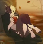  anthro autumn beverage bovid breasts caprine casual_nudity cider clothed clothing cloven_hooves curved_horn drinking eyes_closed female goat hair hi_res hooves horn leaf mammal nipples open_robe outside partially_clothed pig_(artist) pussy robe short_tail smile solo tree 