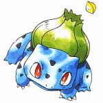  1996 3_toes ambiguous_gender blue_body blue_skin blue_spots bulb bulbasaur claws feral flora_fauna front_view full-length_portrait green_body ken_sugimori leaf leaning light lighting low_res nintendo official_art plant pok&eacute;mon pok&eacute;mon_(species) portrait quadruped red_eyes scalie seed shadow simple_background smile solo spots spotted_body spotted_skin toe_claws toes traditional_media_(artwork) video_games white_background white_claws 