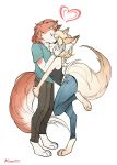  &lt;3 anthro blake blanche bottomwear canid canine canis clothing domestic_dog duo female fox hair happy hi_res hug husky jeans kissing kittell_(artist) looking_at_another male male/female mammal nordic_sled_dog pants shirt simple_background spitz topwear 