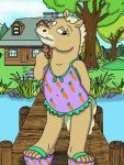  blonde_hair bojack_horseman brandonomegax2 cabin clothing cub equid equine feet female footwear hair harper_horseman horse humanoid_feet mammal one-piece_swimsuit platform_footwear sandals sky solo swimwear tree water wood young 