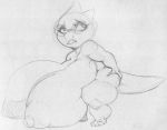  alphys anthro big_breasts black_and_white breasts buckteeth claws eyeliner eyewear female frown glasses holding_butt huge_breasts hunched_over hyper hyper_breasts looking_back makeup mascara monochrome muscular_arms non-mammal_breasts nude reptile sbshouseofpancakes scalie short_stack simple_background solo teeth thick_tail thick_thighs undertale video_games wide_hips 