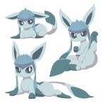  2019 ambiguous_gender blue_body blue_eyes blue_fur blush dipstick_tail eeveelution feral fur glaceon hi_res leg_markings lying markings multicolored_tail nintendo nyaswitchnya on_front pok&eacute;mon pok&eacute;mon_(species) simple_background smile socks_(marking) solo video_games white_background 