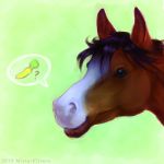  1:1 2019 ? ambiguous_gender black_mane brown_body brown_fur carrot digital_media_(artwork) digital_painting_(artwork) equid equine feral food fur green_background headshot_portrait horse hozzie_hozzbourne mammal mane misterkittens plant portrait signature simple_background smile solo speech_bubble text vegetable watermark white_body white_fur 