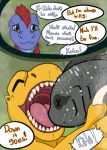  2018 agumon allomon ambiguous_gender blue_body blue_scales bodily_fluids claws comic dialogue digimon digimon_(species) digital_drawing_(artwork) digital_media_(artwork) dinosaur duo_focus eating english_text eyes_closed feral fish food grass group hair holding_object marine open_mouth pixels red_hair reptile saliva scales scalie smile speech_bubble text theropod tongue vorekingdom x_eyes yellow_body yellow_scales 